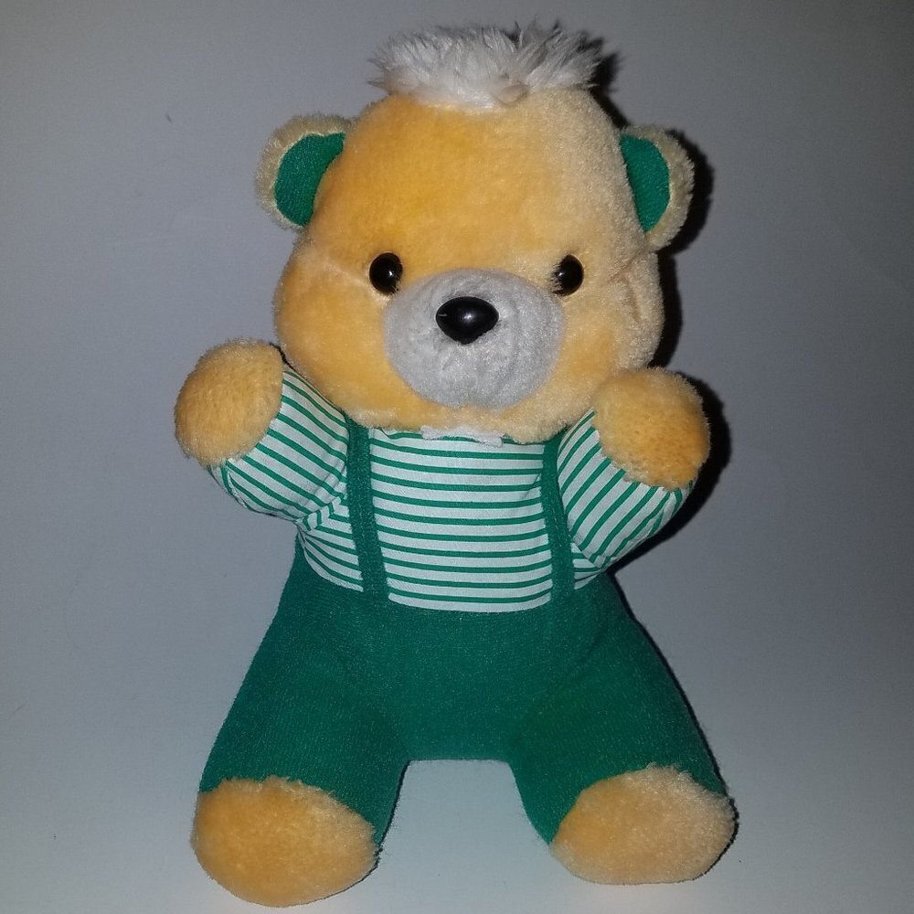 VTG Yellow Teddy Bear Plush Green Outfit Ace Novelty 1991 (shows wear)